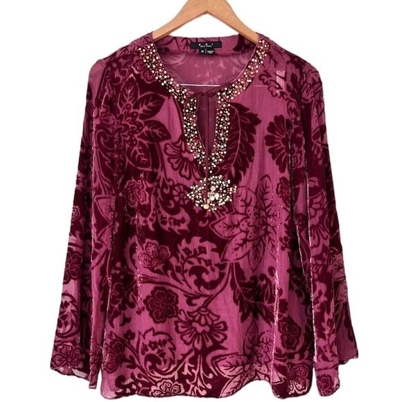 VTG ECI NY Velvet Burnout Beaded Long Sleeve Top Burgundy Womens M Whimsigoth - Picture 1 of 11